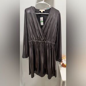 MICHAEL Michael Kors Shiny Black Wrap-Style Long Sleeve Dress